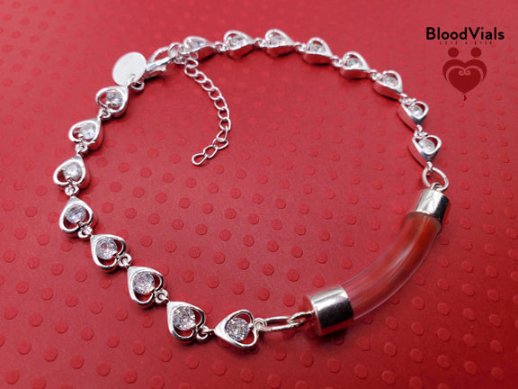 Sterling Tiny Heart Links BloodVial Bracelet Kit .925 Solid Silver with White Zircons Adjustable Shorten from 8" Maximum Length (BloodBond)