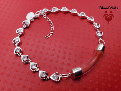 Sterling Tiny Heart Links BloodVial Bracelet Kit .925 Solid Silver with White Zircons Adjustable Shorten from 8" Maximum Length (BloodBond)