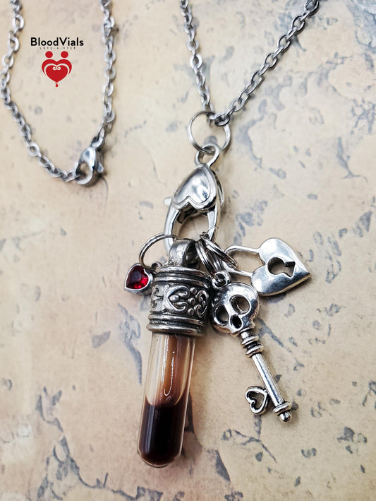 1 Ornate Charms Necklace DIY BloodVial Kit with Stainless Steel Chain Red Gem Heart and Lock and Key Skull Skeleton Key (BloodBond)