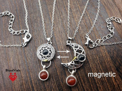 2 BloodVials Sun and Moon Magnetic Pendant Necklaces Kit with 18"-20" Silvertone Chain "I Love  You" in 100 Languages (BloodBond)