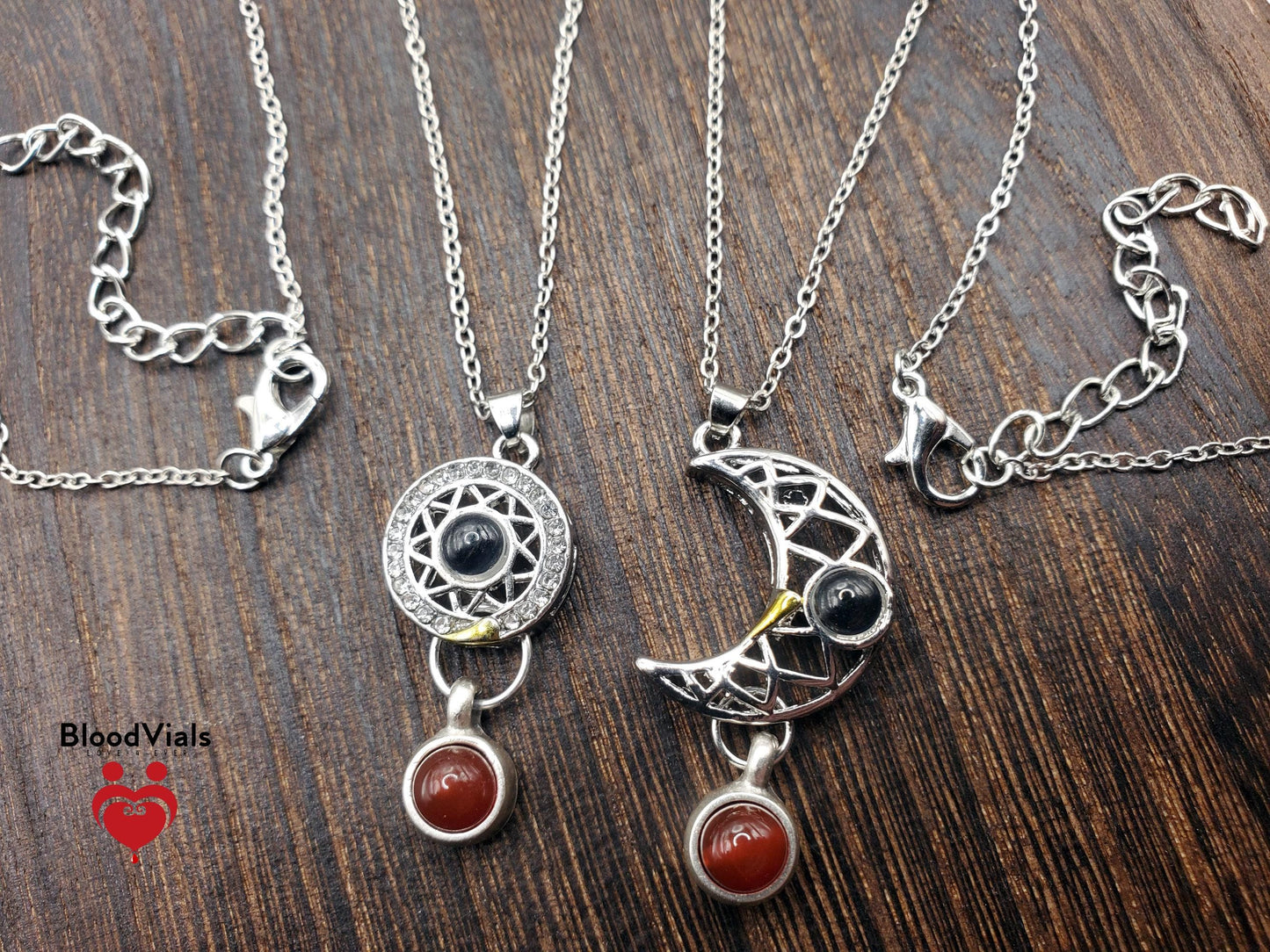 2 BloodVials Sun and Moon Magnetic Pendant Necklaces Kit with 18"-20" Silvertone Chain "I Love  You" in 100 Languages (BloodBond)