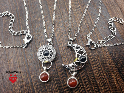 2 BloodVials Sun and Moon Magnetic Pendant Necklaces Kit with 18"-20" Silvertone Chain "I Love  You" in 100 Languages (BloodBond)