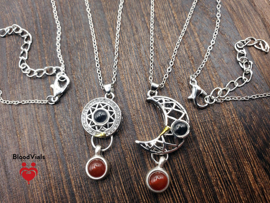 2 BloodVials Sun and Moon Magnetic Pendant Necklaces Kit with 18"-20" Silvertone Chain "I Love  You" in 100 Languages (BloodBond)