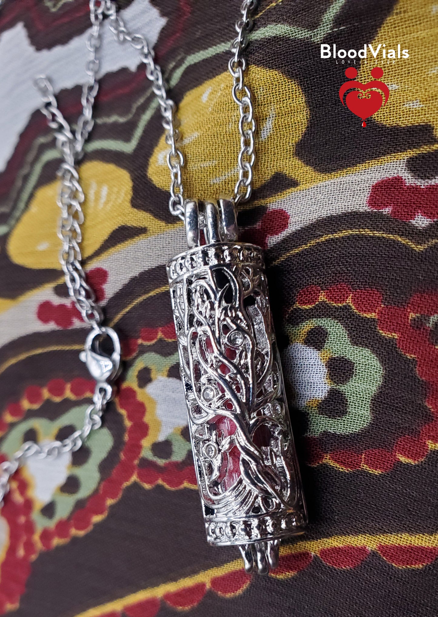 1 Cylinder BloodVial Twisted Tree Pendant Necklace Kit with 19.75" Silvertone Chain (BloodBond)