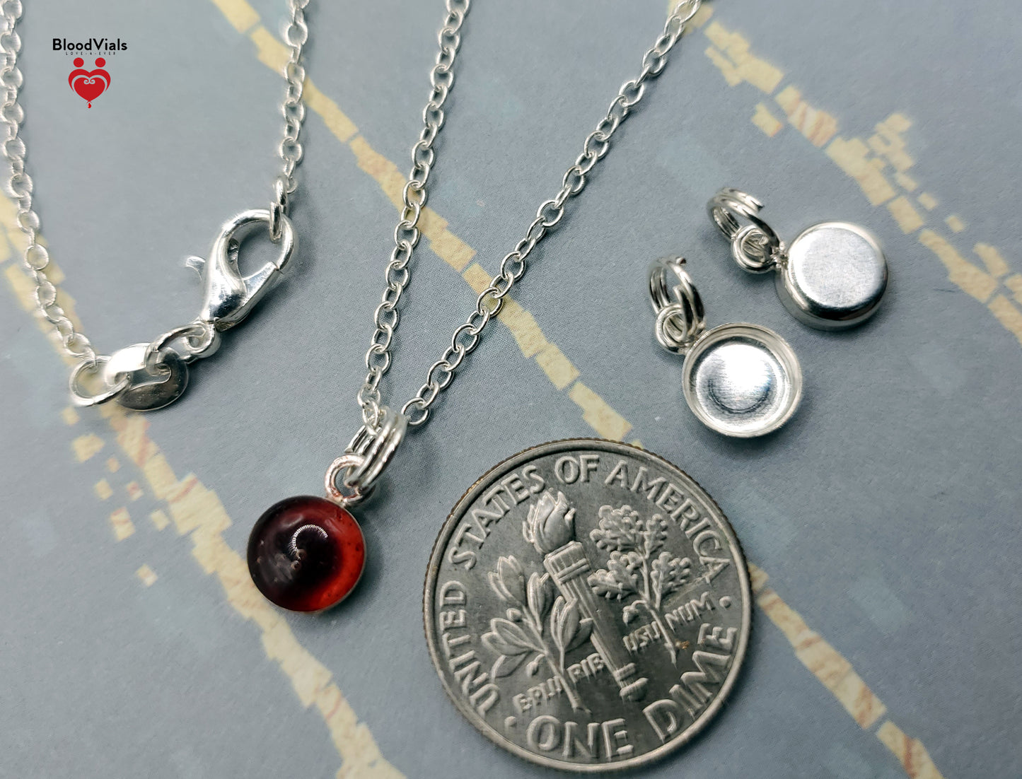 1 Sterling Mini Droplet Epoxy BloodVial Kit with 18" Solid .925 Silver Link Chain - Charm for Bracelet, Keychain, or Necklace (BloodBond)