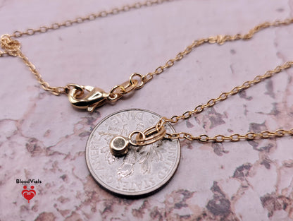 1 Solid 14K Gold Tiny Charm Pendant BloodVial Epoxy Resin Necklace Kit with 14K Gold Filled 18" Link Chain (BloodGem)