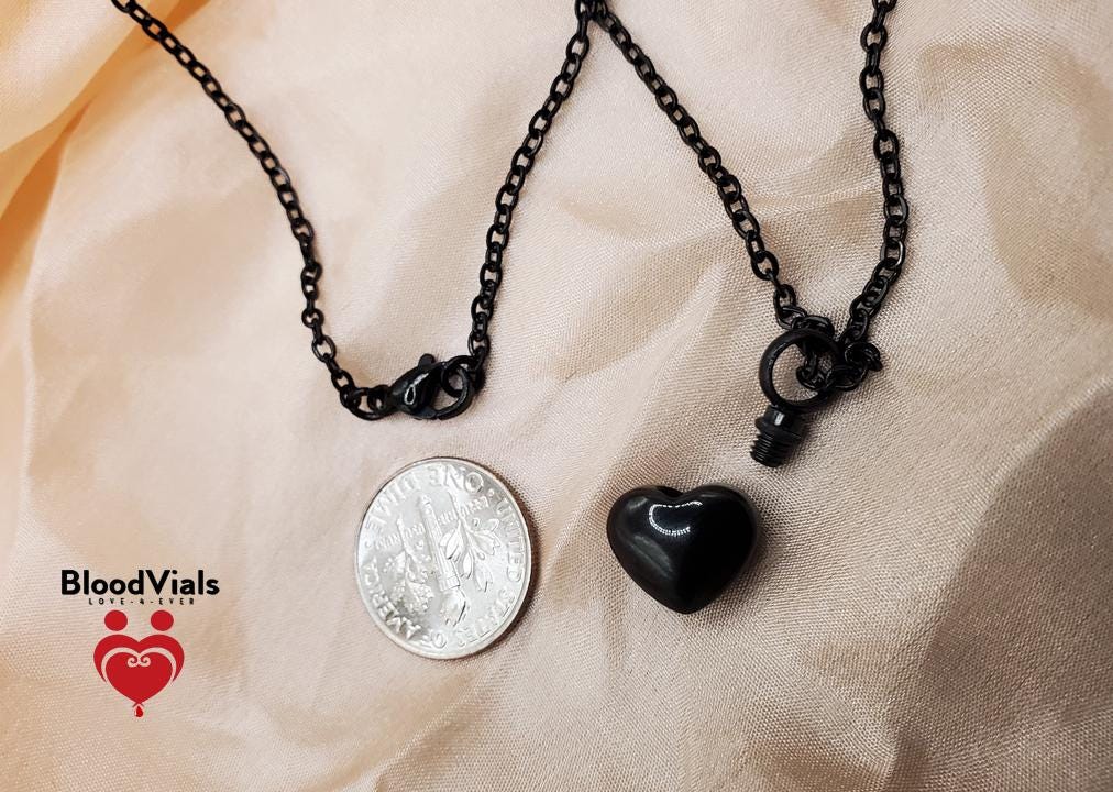 1 Dainty Black Heart BloodVial Pendant Kit Necklace with 21.5" Chain (BloodBond)
