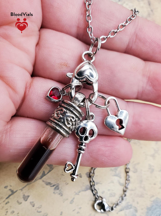 1 Ornate Charms Necklace DIY BloodVial Kit with Stainless Steel Chain Red Gem Heart and Lock and Key Skull Skeleton Key (BloodBond)