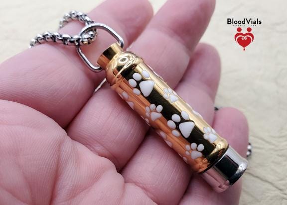1 White Paw Goldtone and Silvertone Cylinder BloodVial Pendant Kit (BloodBond) | Cat Dog Pet Pawprint Charm with Silvertone 23.5" Chain