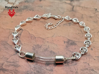 Sterling Tiny Heart Links BloodVial Bracelet Kit .925 Solid Silver with White Zircons Adjustable Shorten from 8" Maximum Length (BloodBond)