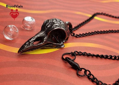 1 Crow Raven Skull BloodVial Pendant Necklace Kit with 23.5" Silvertone Chain (BloodBond)