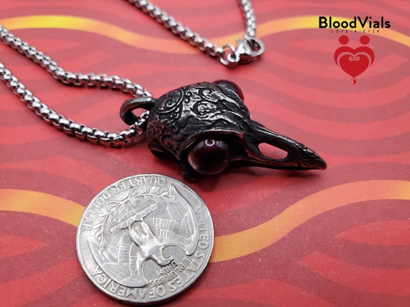 1 Crow Raven Skull BloodVial Pendant Necklace Kit with 23.5" Silvertone Chain (BloodBond)