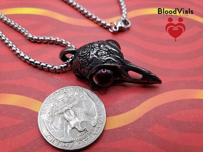 1 Crow Raven Skull BloodVial Pendant Necklace Kit with 23.5" Silvertone Chain (BloodBond)