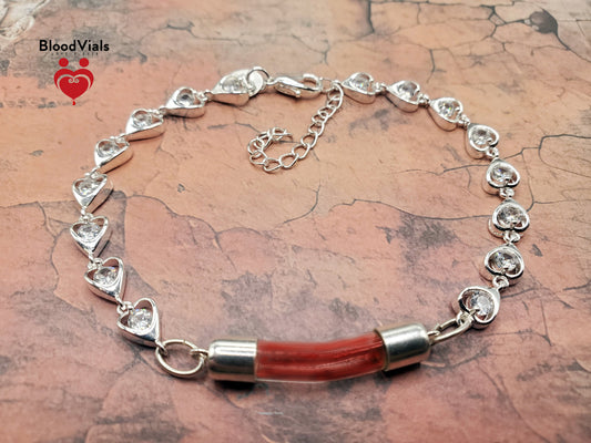 Sterling Tiny Heart Links BloodVial Bracelet Kit .925 Solid Silver with White Zircons Adjustable Shorten from 8" Maximum Length (BloodBond)