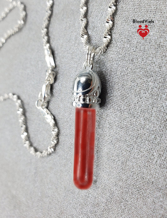 1 Sterling Decorative Dome BloodVial Necklace Kit with 30" Long Chain Solid .925 Twist Necklace (BloodBond)