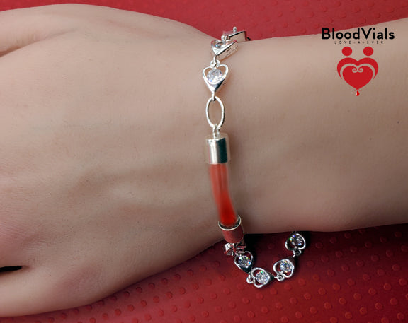 Sterling Tiny Heart Links BloodVial Bracelet Kit .925 Solid Silver with White Zircons Adjustable Shorten from 8" Maximum Length (BloodBond)