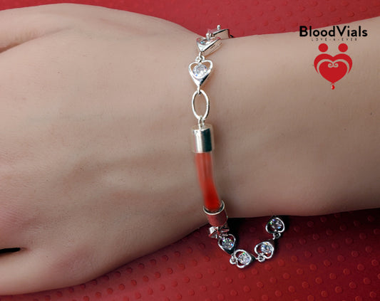 Sterling Tiny Heart Links BloodVial Bracelet Kit .925 Solid Silver with White Zircons Adjustable Shorten from 8" Maximum Length (BloodBond)