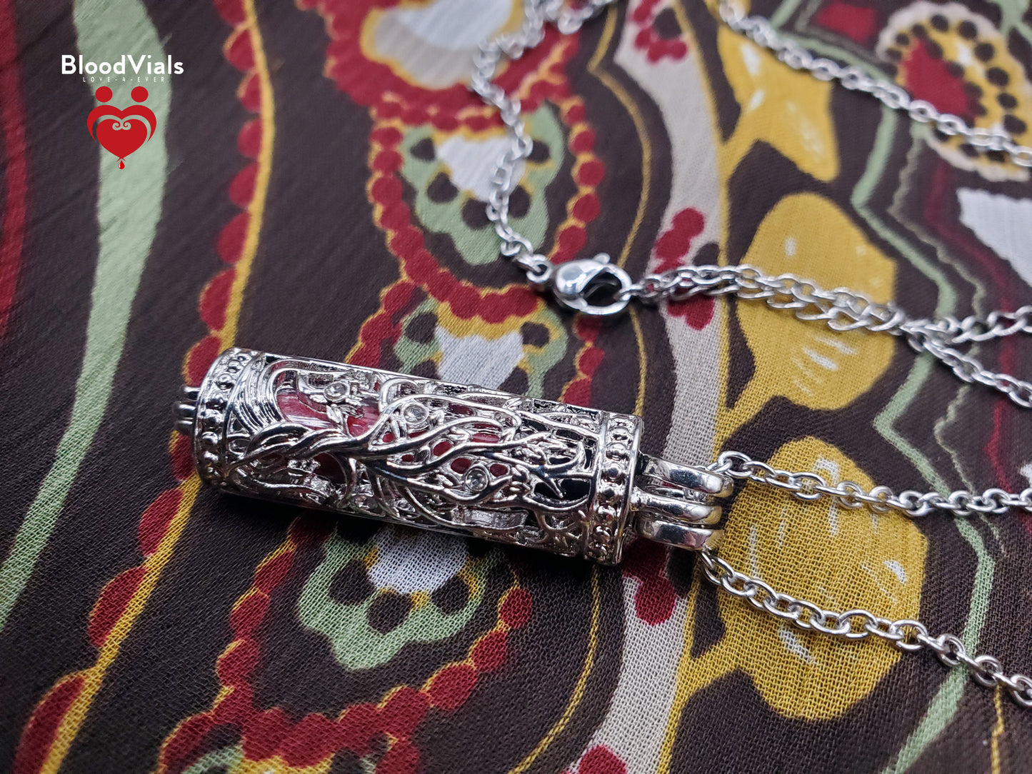 1 Cylinder BloodVial Twisted Tree Pendant Necklace Kit with 19.75" Silvertone Chain (BloodBond)