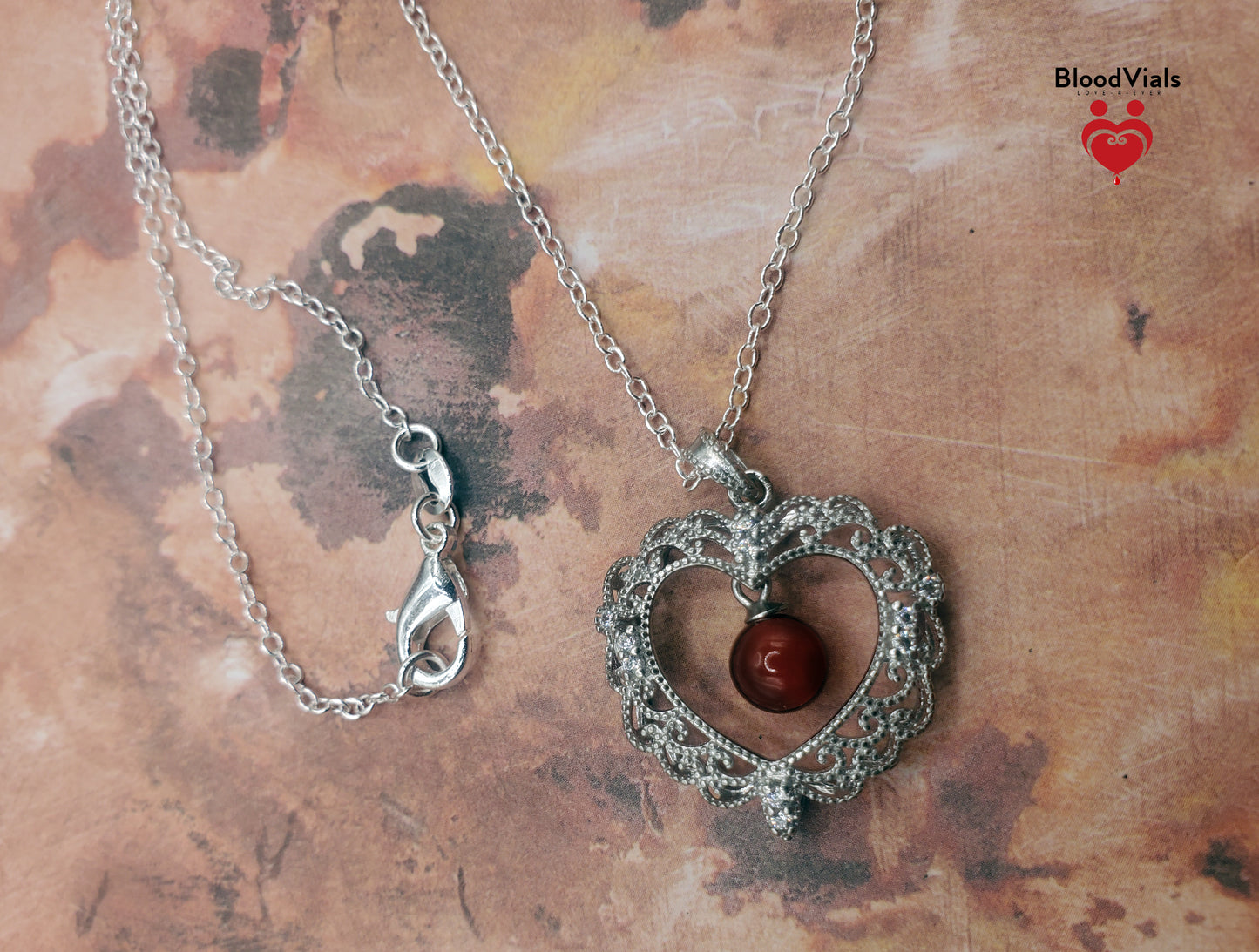 1 Sterling Filigree Scallops BloodVial Necklace Kit with 18" Long Chain Solid .925 Link Necklace (BloodBond)