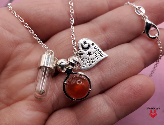 1 Sterling Lunar Meteorite BloodVial Heart Charms Necklace Kit with 18" .925 Silver Chain (BloodBond)