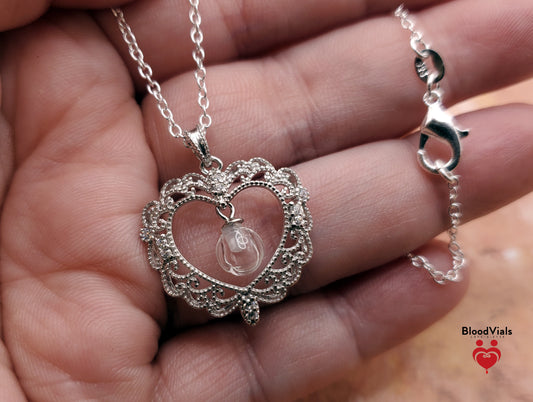 1 Sterling Filigree Scallops BloodVial Necklace Kit with 18" Long Chain Solid .925 Link Necklace (BloodBond)