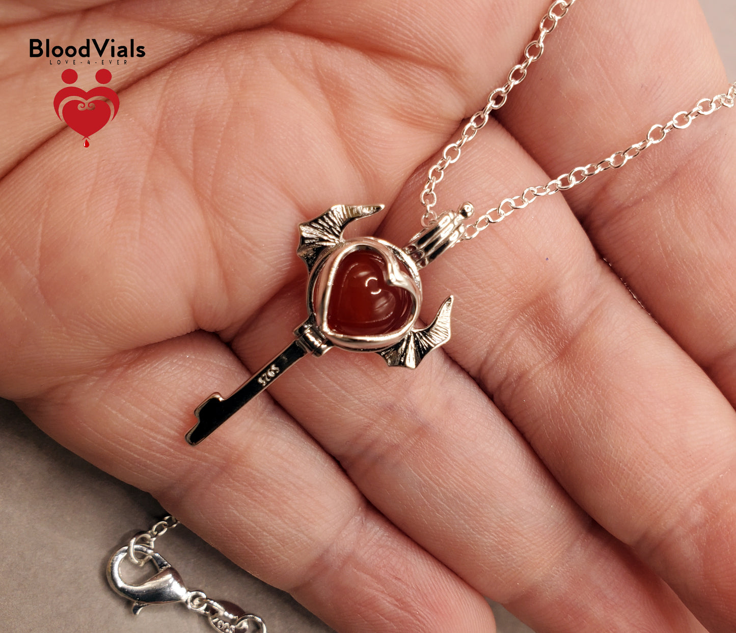 1 Sterling Bat Heart Key BloodVial Necklace Kit with 18" Long Chain Solid .925 Link Necklace (BloodBond)