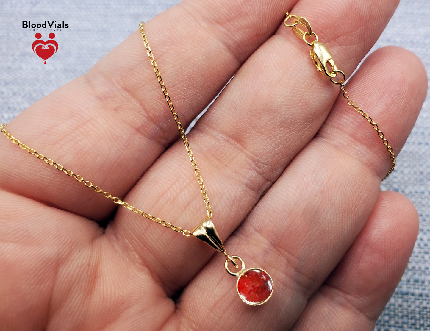 1 Solid 14K Gold Dainty Droplet Pendant BloodVial Epoxy Resin Necklace Kit with 10K Solid Gold 18" Link Chain (BloodGem)