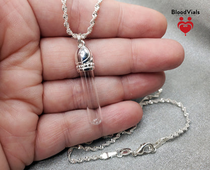 1 Sterling Decorative Dome BloodVial Necklace Kit with 30" Long Chain Solid .925 Twist Necklace (BloodBond)