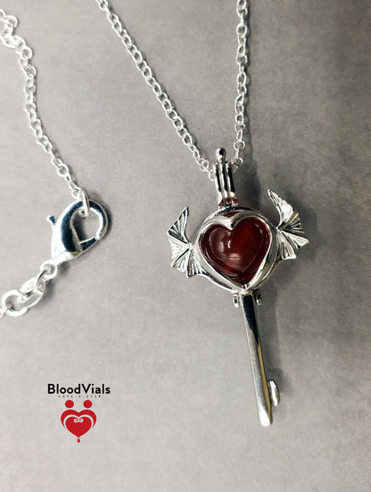 1 Sterling Bat Heart Key BloodVial Necklace Kit with 18" Long Chain Solid .925 Link Necklace (BloodBond)