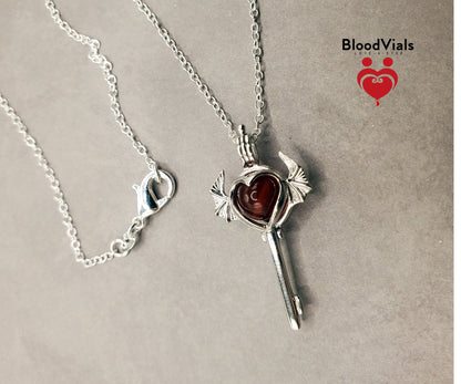 1 Sterling Bat Heart Key BloodVial Necklace Kit with 18" Long Chain Solid .925 Link Necklace (BloodBond)