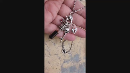 1 Ornate Charms Necklace DIY BloodVial Kit with Stainless Steel Chain Red Gem Heart and Lock and Key Skull Skeleton Key (BloodBond)