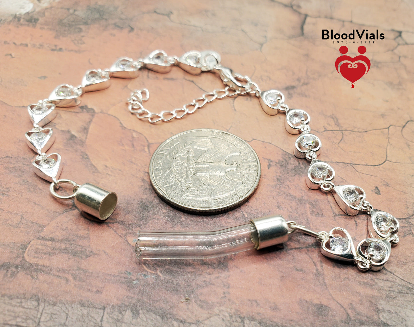 Sterling Tiny Heart Links BloodVial Bracelet Kit .925 Solid Silver with White Zircons Adjustable Shorten from 8" Maximum Length (BloodBond)