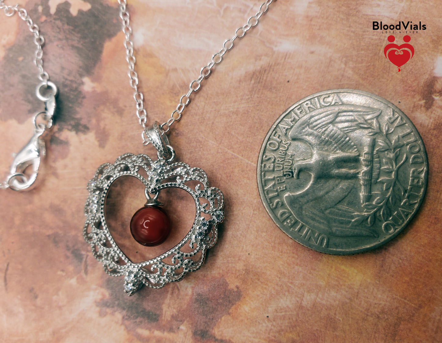 1 Sterling Filigree Scallops BloodVial Necklace Kit with 18" Long Chain Solid .925 Link Necklace (BloodBond)