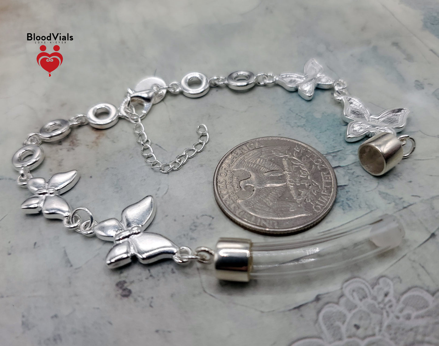 Sterling Butterflies Link BloodVial Bracelet Kit .925 Solid Silver - Adjustable to Shorter than 8" Maximum Length (BloodBond)