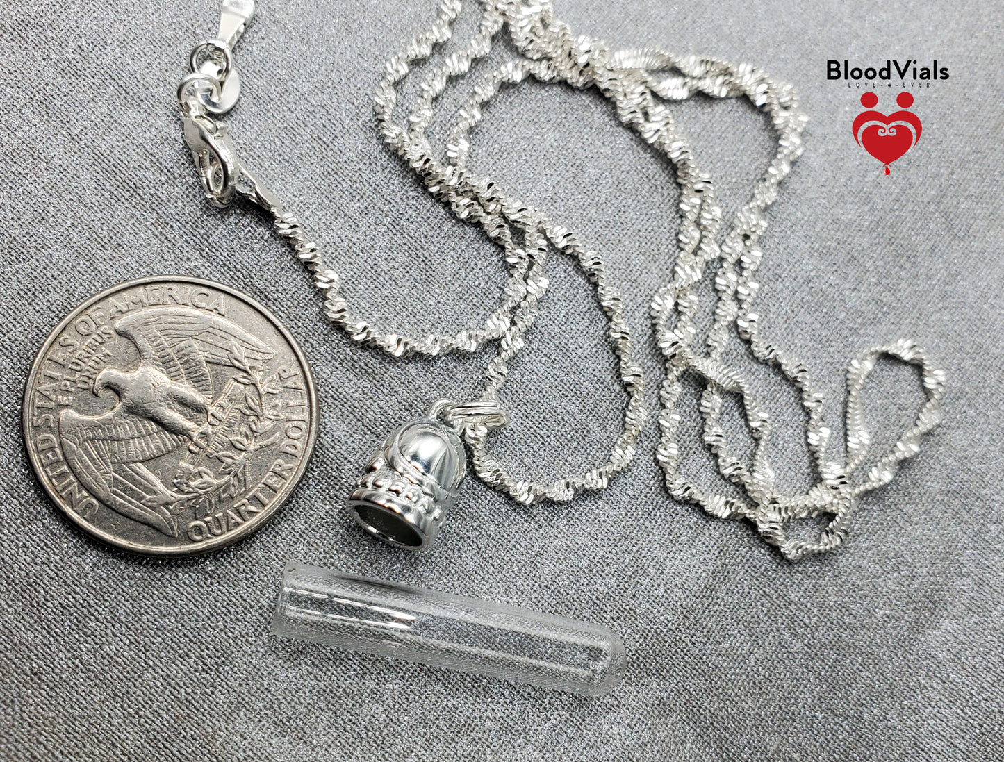 1 Sterling Decorative Dome BloodVial Necklace Kit with 30" Long Chain Solid .925 Twist Necklace (BloodBond)