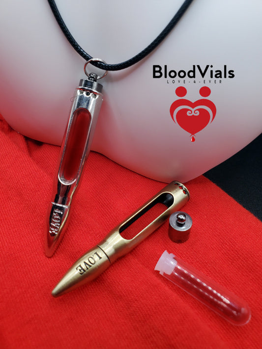 1 Large Bullet BloodVial Pendant Kit Silvertone or Bronzetone with 18" Black Cord Necklaces (BloodBond)