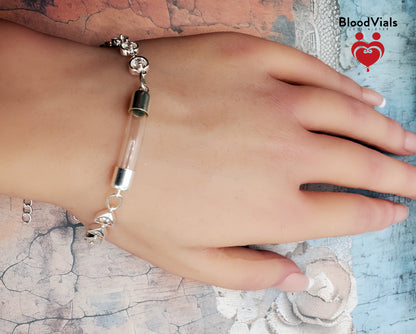 Sterling Tiny Heart Links BloodVial Bracelet Kit .925 Solid Silver with White Zircons Adjustable Shorten from 8" Maximum Length (BloodBond)